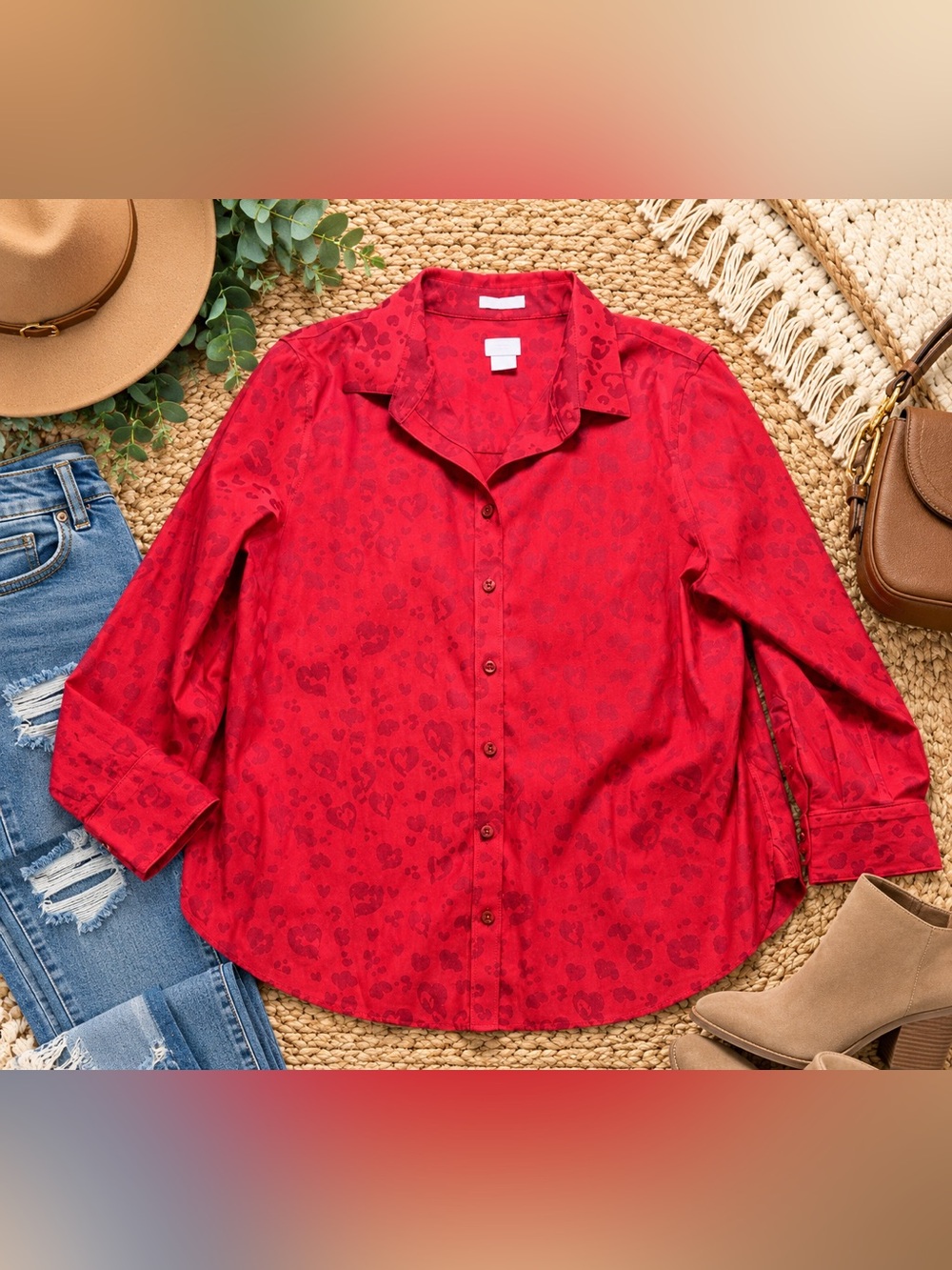 Chico’s Size 2 Large 12/14 Red Tonal Floral Button Down Shirt Blouse